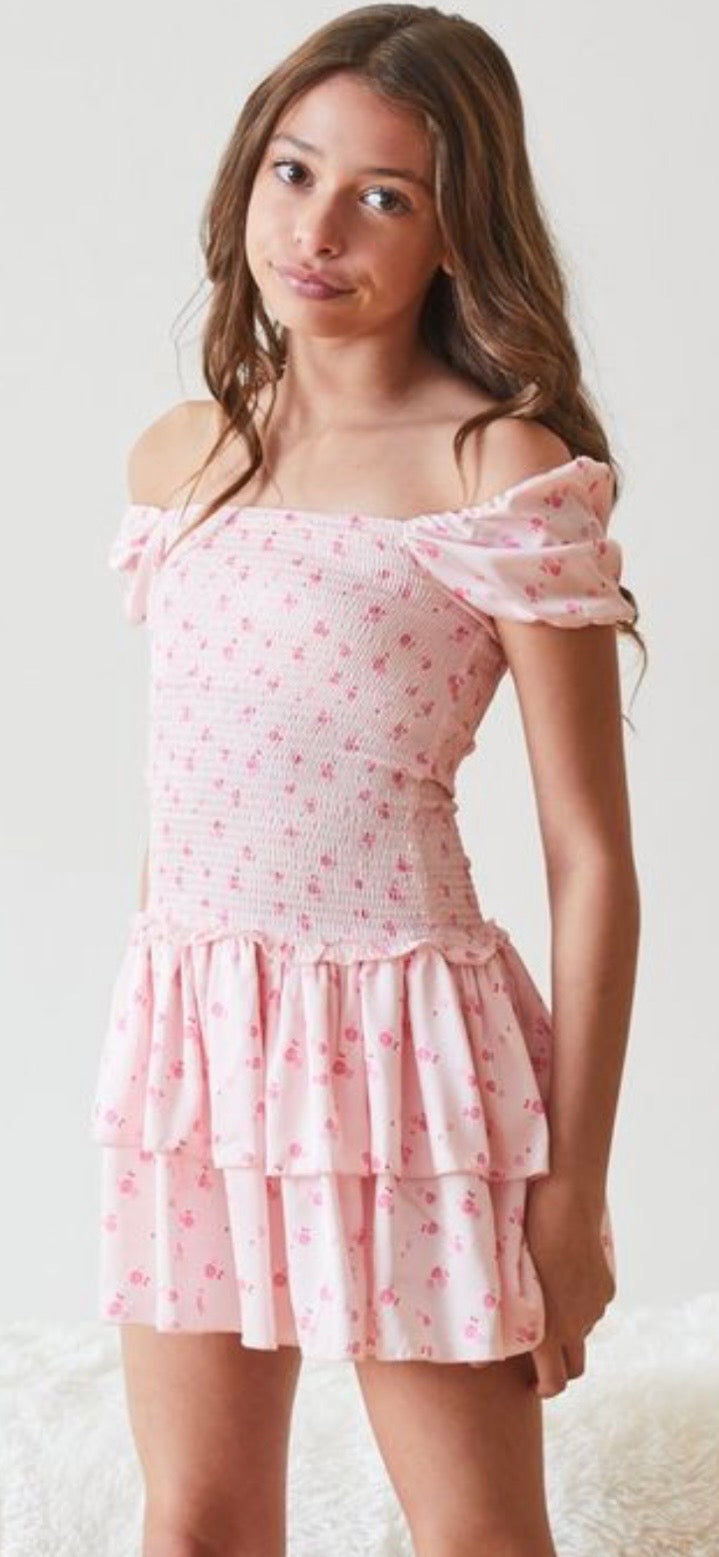 Tween NYC - Lexi Pastel Pink Ditsy Satin Smocked Short Sleeve Ruffle Dress