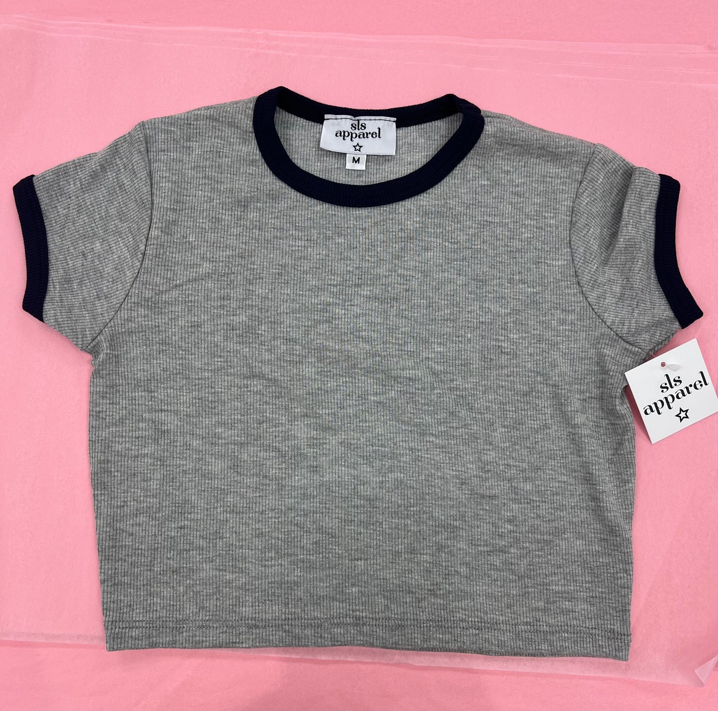 Grey/Navy Ribbed Short Sleeve T Shirt - SLS