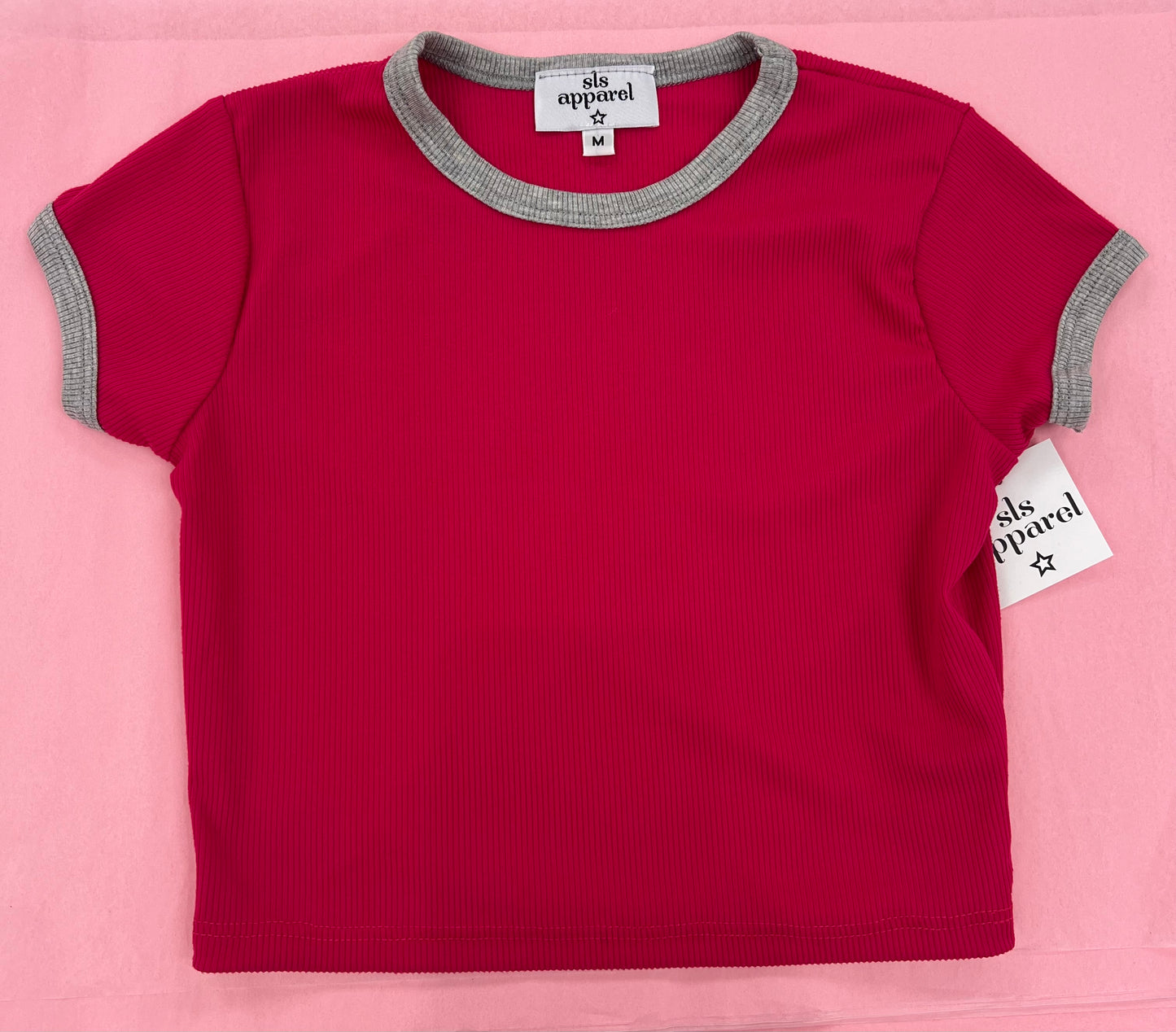 Fushia/Grey Ribbed Short sleeve T shirt - SLS apparel