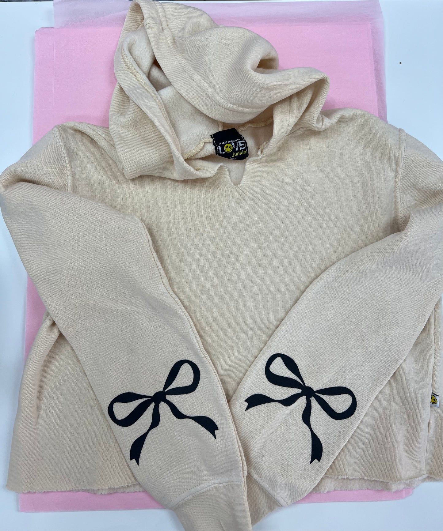 Fleece Crop Hoodie with Bows in Cream - Love junkie