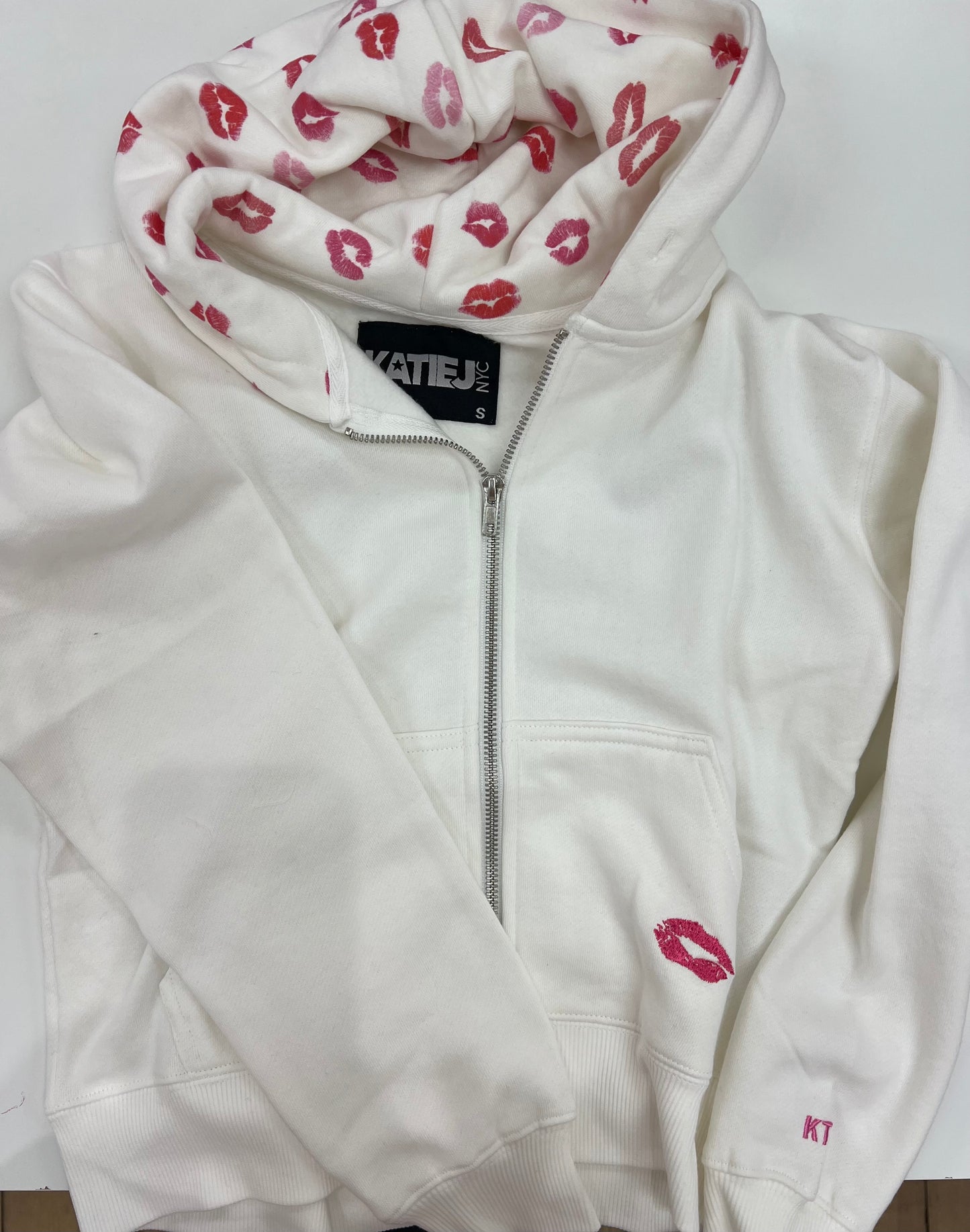 Cody Zip Hoodie White w Lipstick Kiss - KatieJNYC