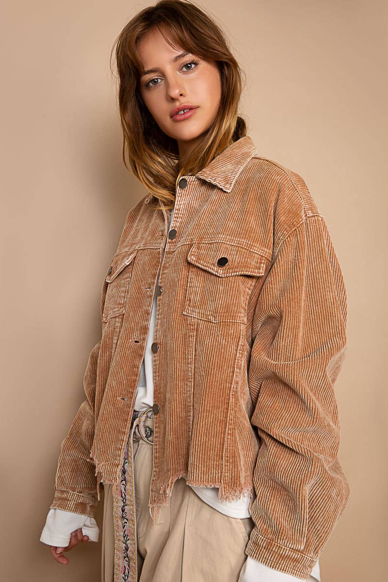 Pocket front button down distressed hem corduroy jacket