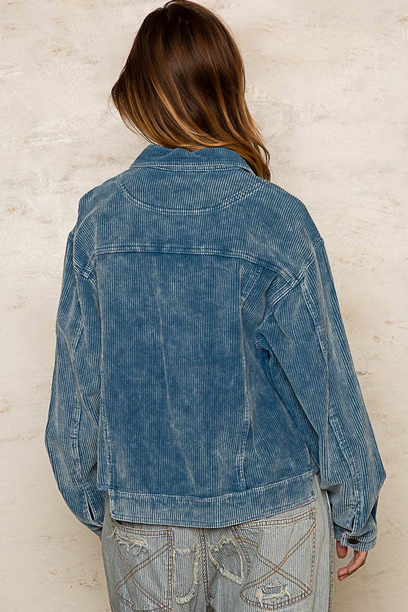 Pocket front button down distressed hem corduroy jacket