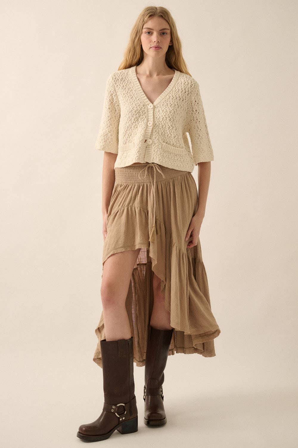 Crochet Knit Cropped Short-Sleeve Cardigan