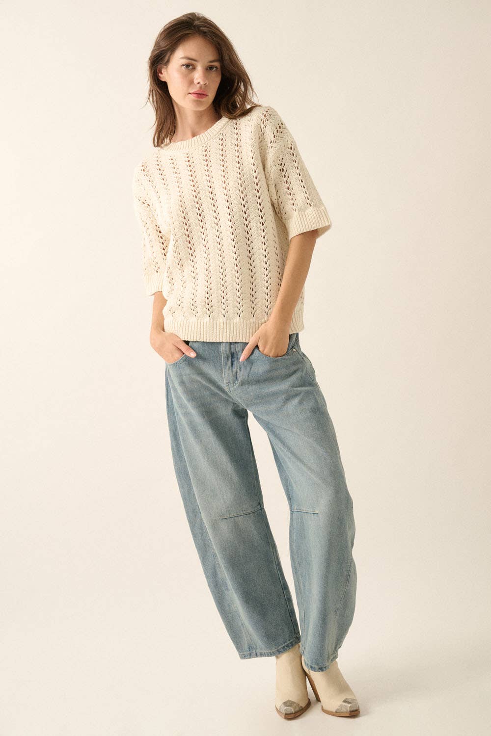Pointelle Crochet Knit Short-Sleeve Sweater