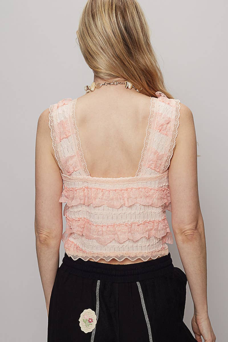 V-neck sleeveless cropped woven lace top