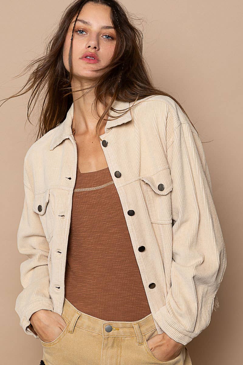 Pocket front button down distressed hem corduroy jacket