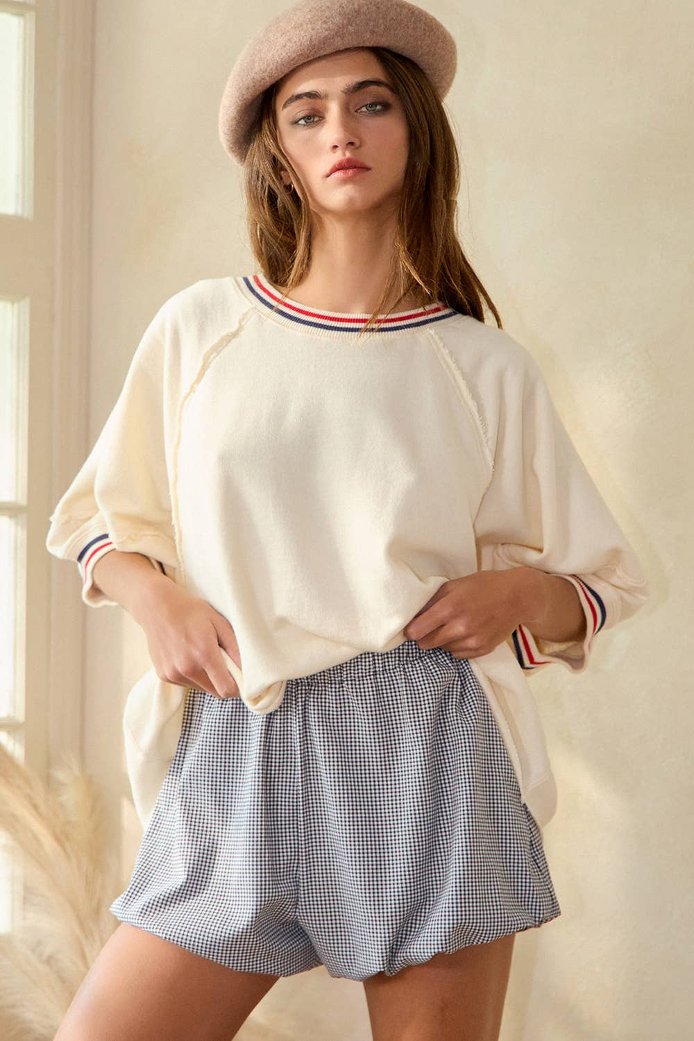 Striped Rib Banded Details Solid Top