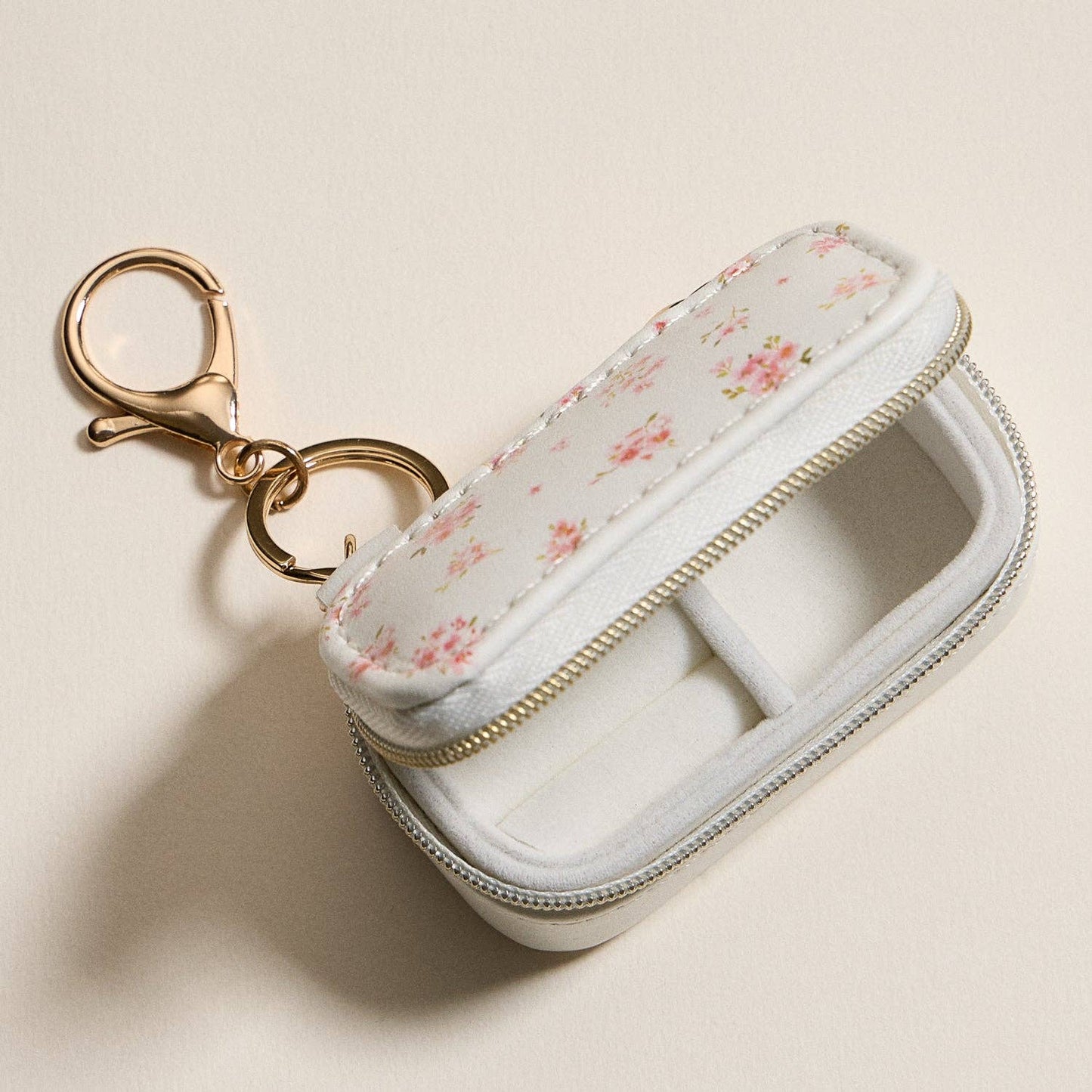 Pink Floral Travel Jewelry Case Keychain – Mini Zipper Organizer with Ring Holder