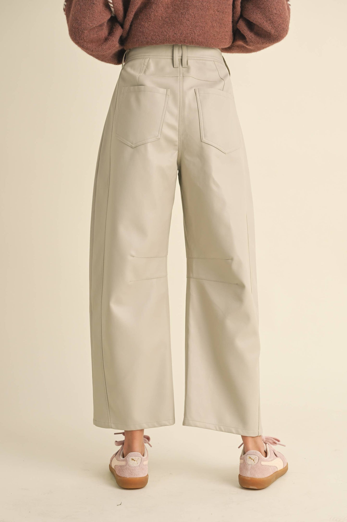 VEGAN LEATHER BARREL PANTS