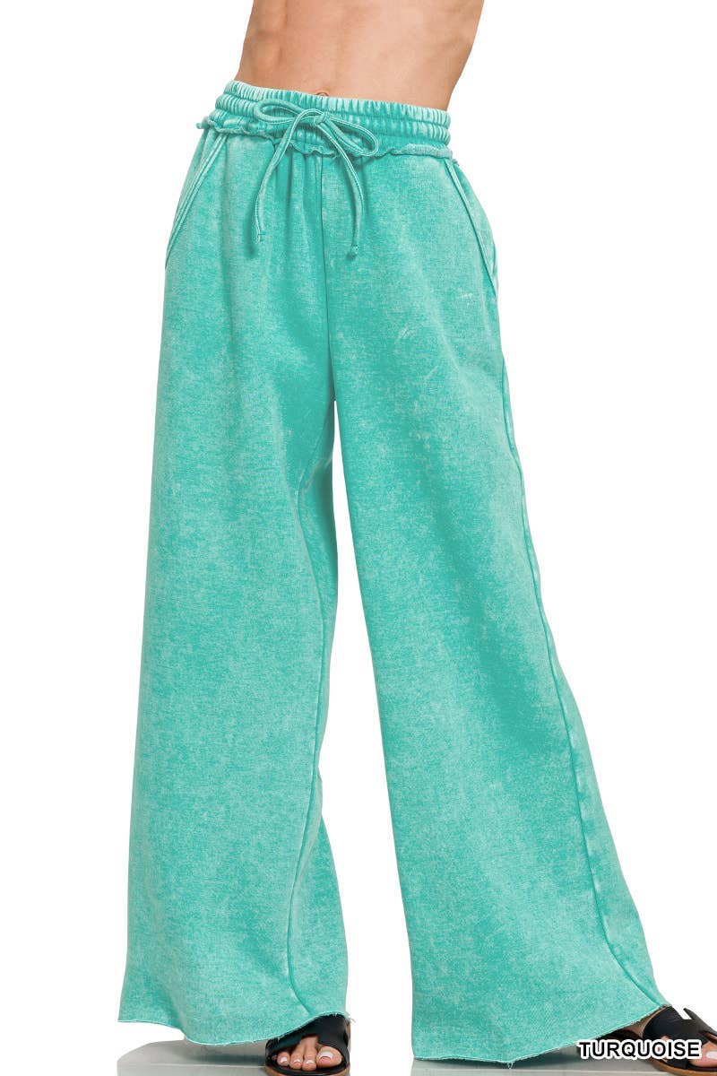 Acid Wash Fleece Palazzo Sweatpants With Pockets