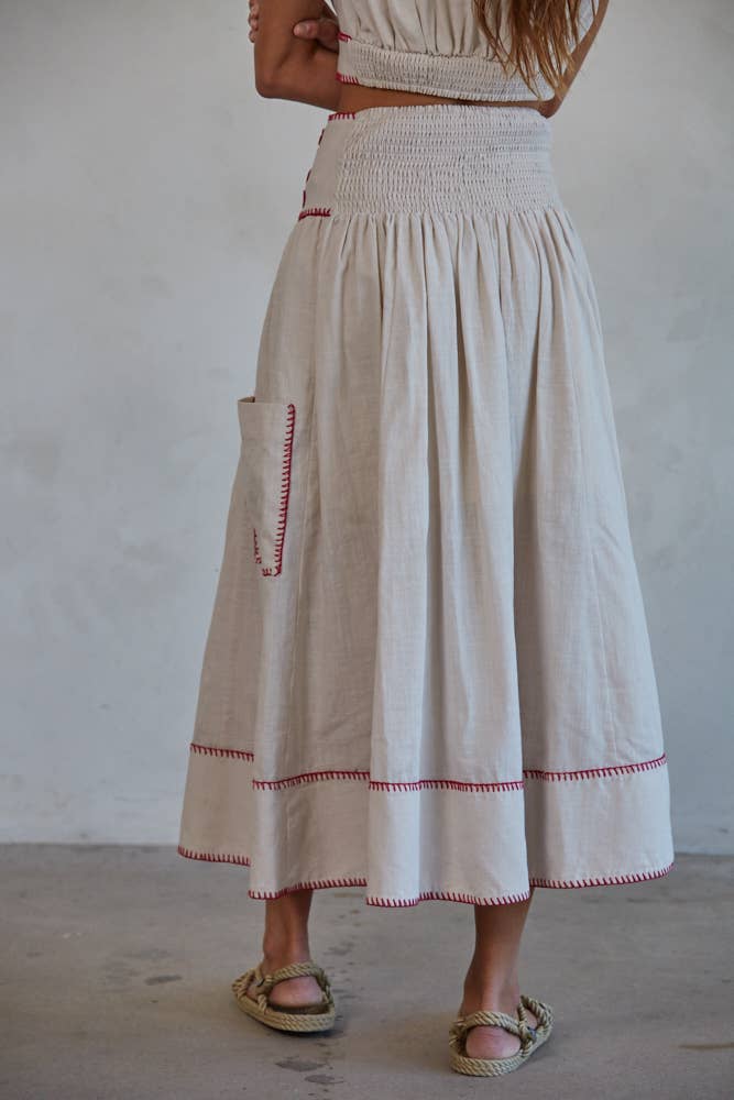 Woven Cotton Embroidered Detail Flare Midi Skirt