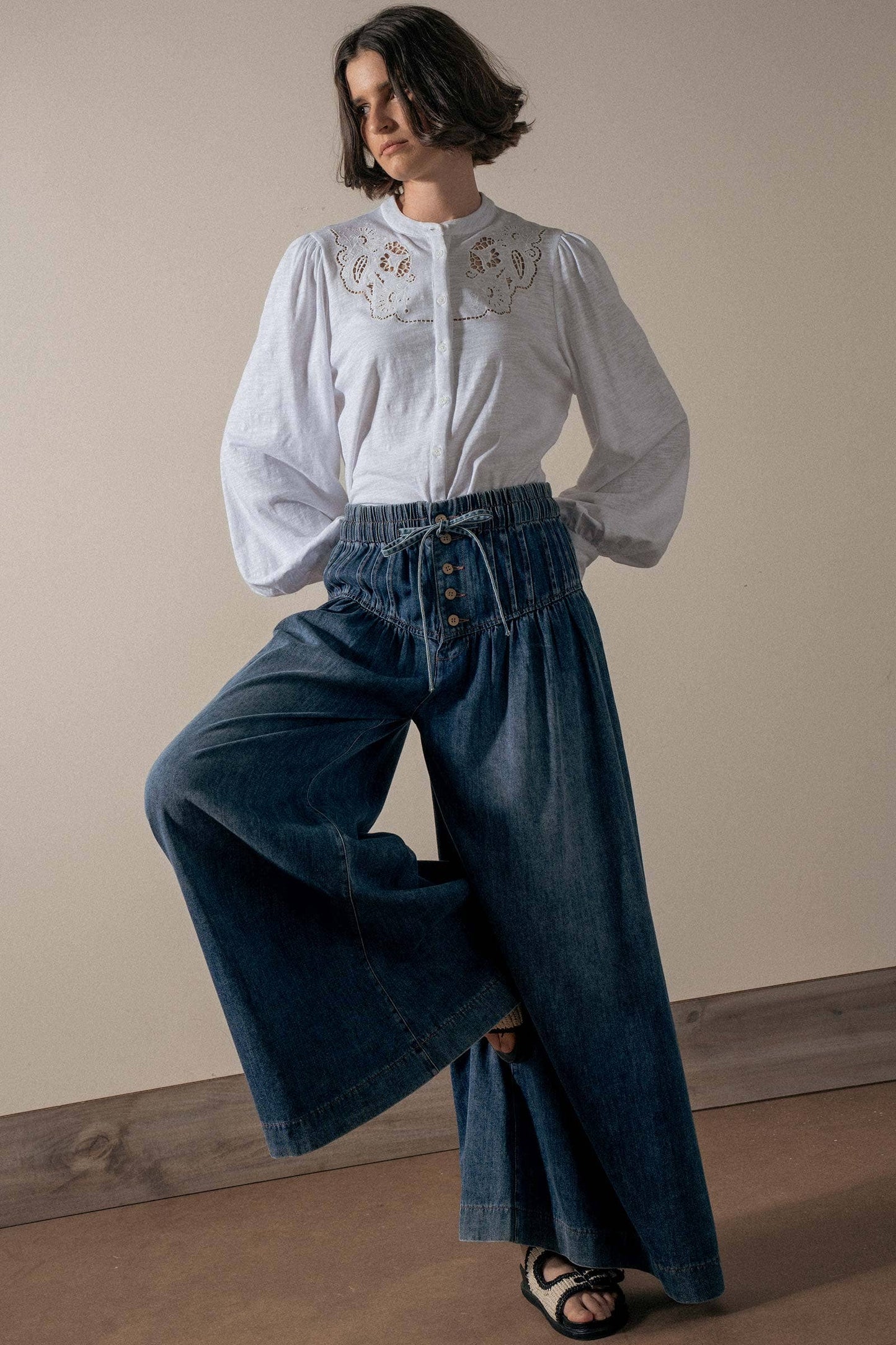 Pleated Wide-Leg Button Closure Pants