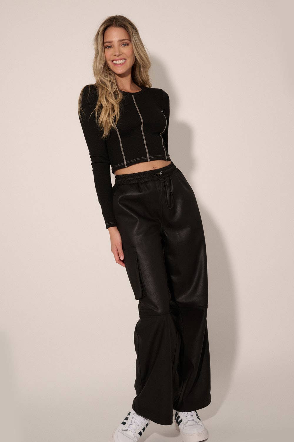 Faux Leather Side Pocket Elastic Waist Pants