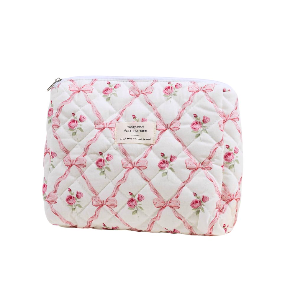 Pink Flower Quilted Cotton Makeup Bag