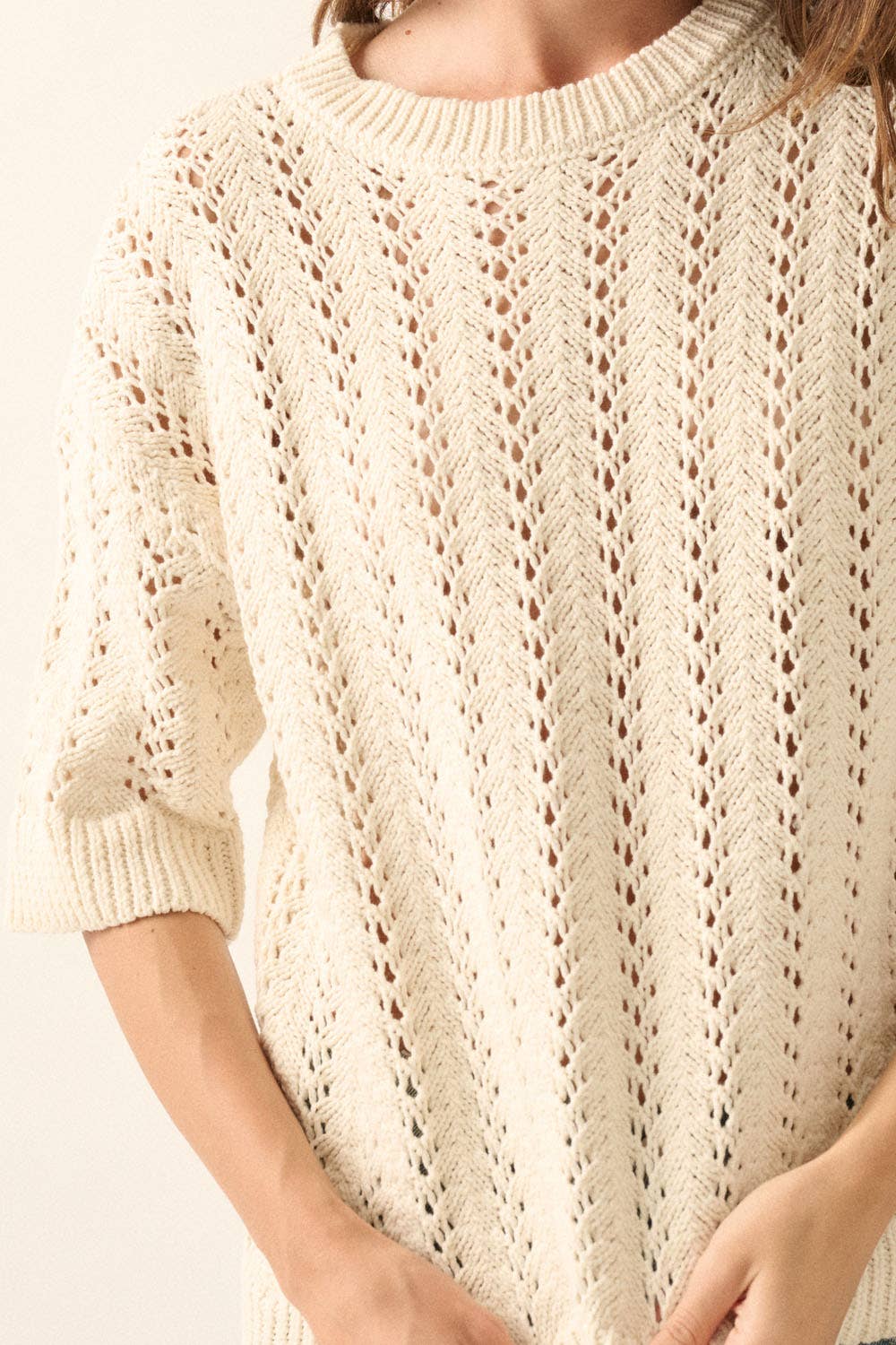 Pointelle Crochet Knit Short-Sleeve Sweater