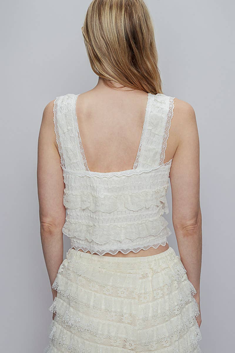 V-neck sleeveless cropped woven lace top