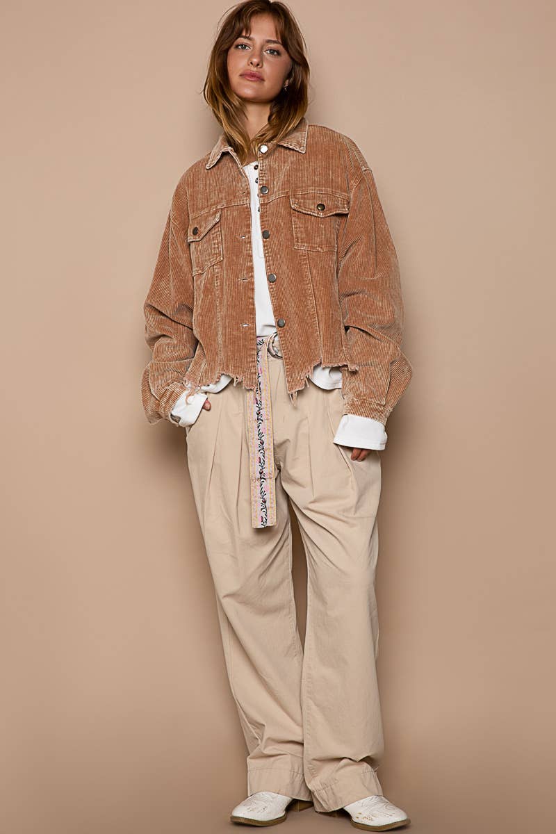 Pocket front button down distressed hem corduroy jacket
