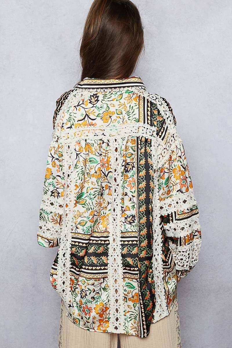Balloon sleeve trim see-through floral printed shirt top
