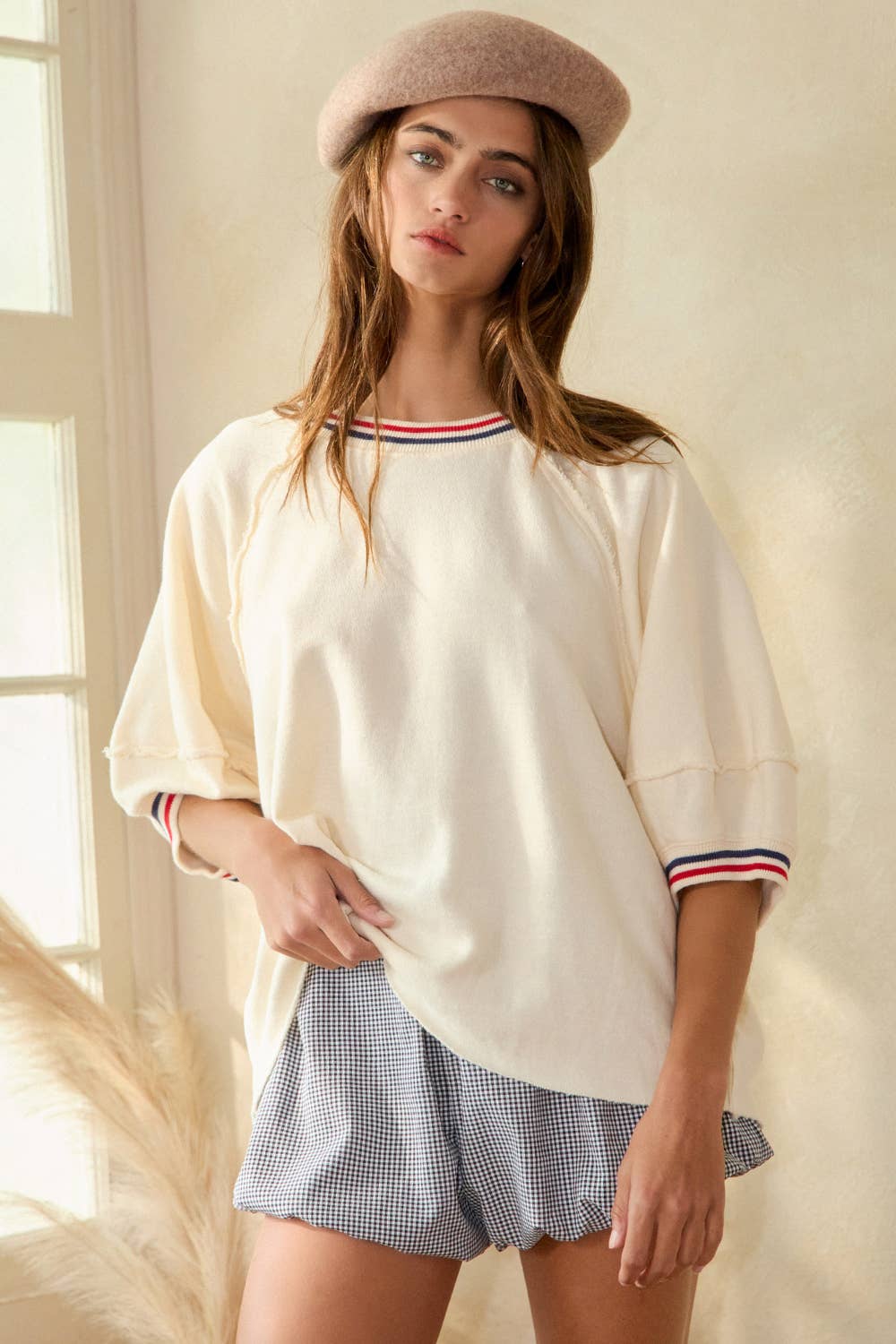 Striped Rib Banded Details Solid Top