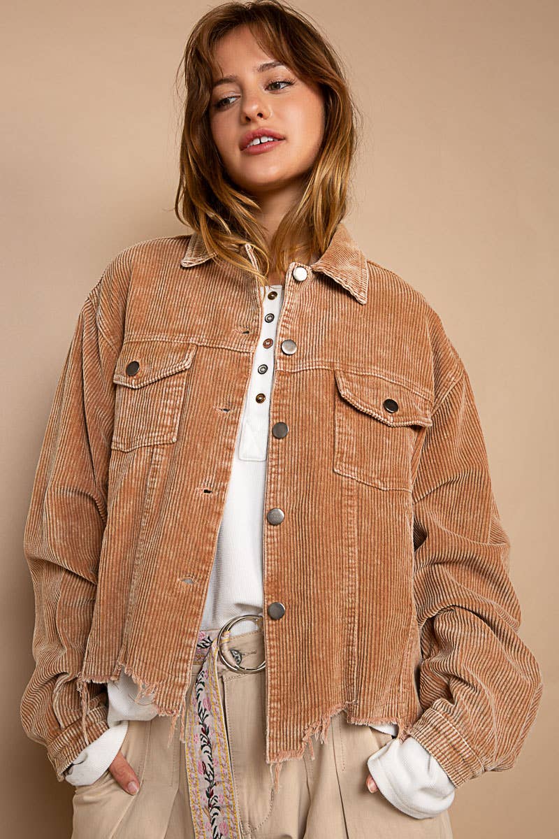 Pocket front button down distressed hem corduroy jacket
