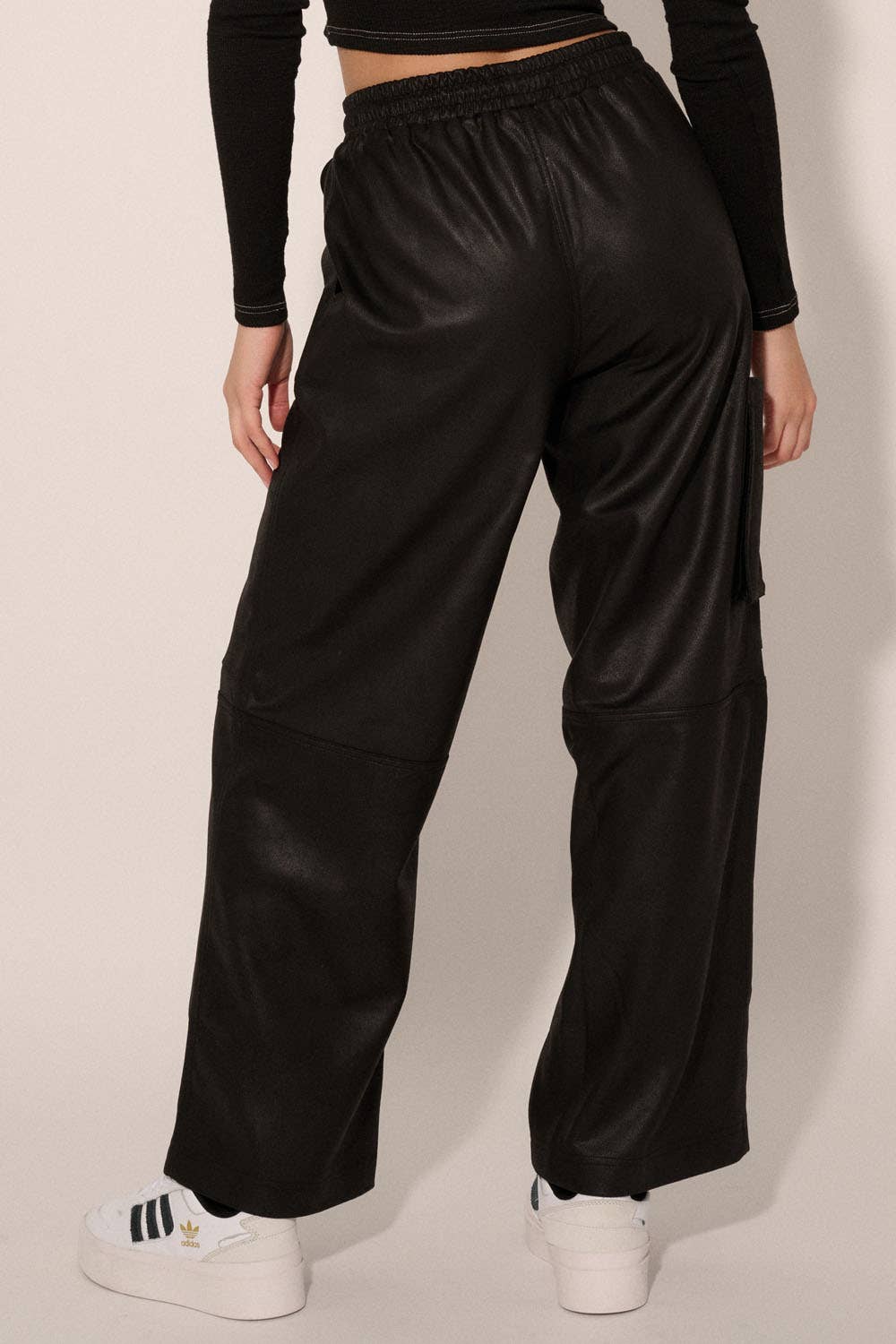 Faux Leather Side Pocket Elastic Waist Pants