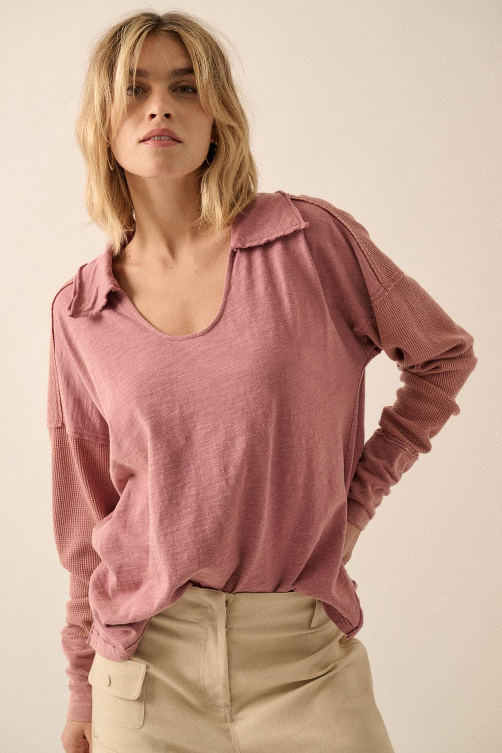Mixed Media Slub Knit Collared Scoop Neck Top