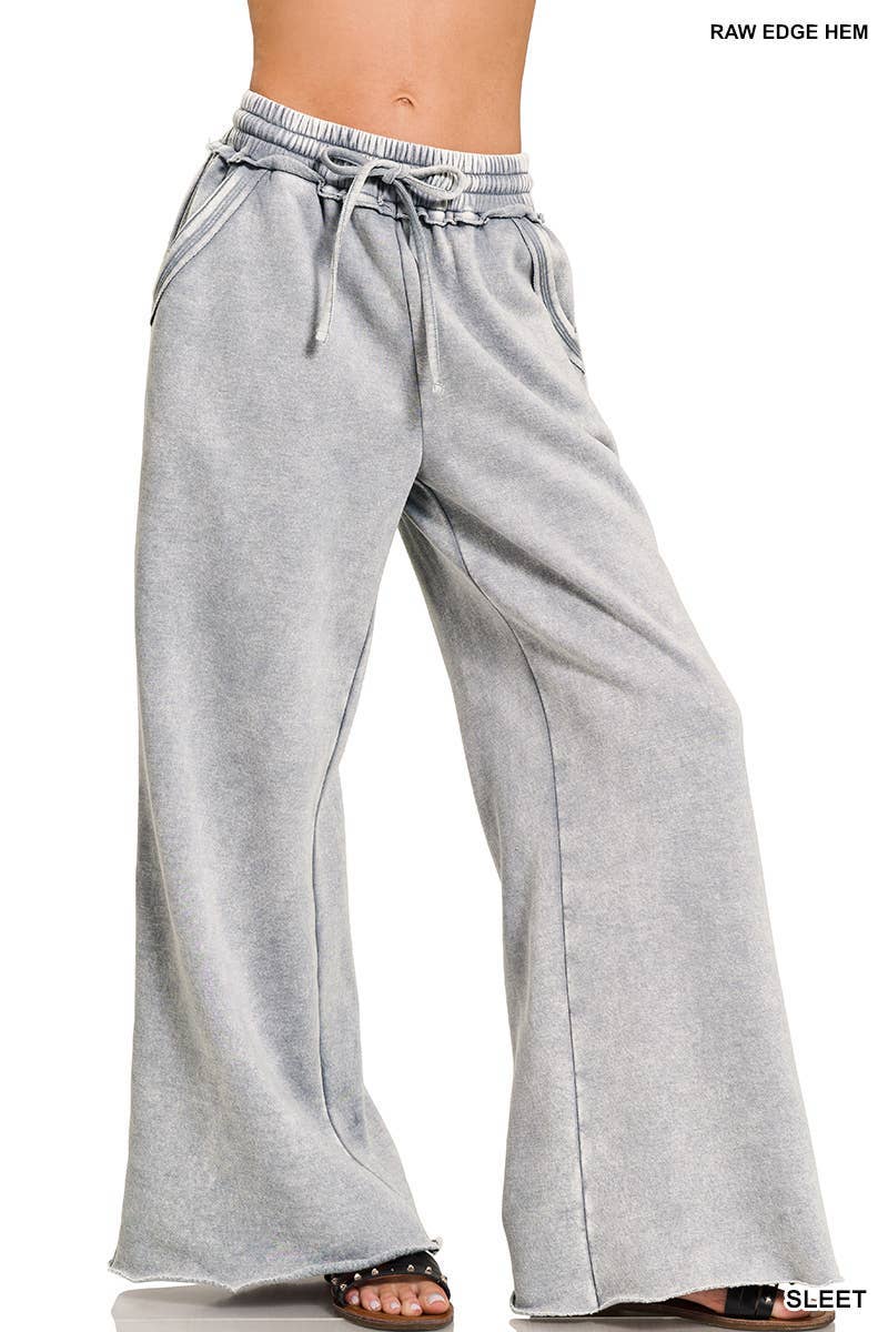 Acid Wash Fleece Palazzo Sweatpants With Pockets