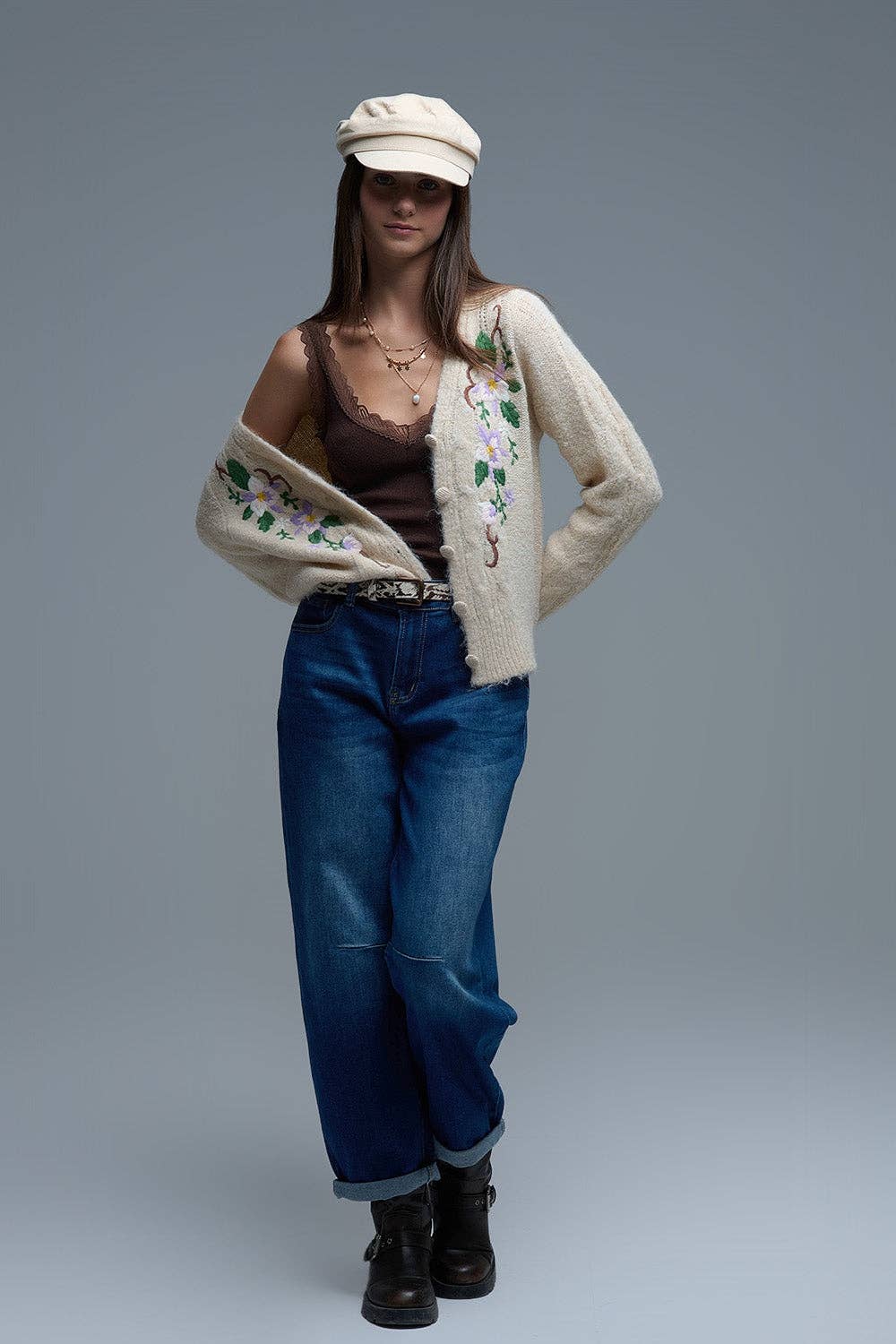 Cable Knit Beige Cardigan With embroidered Flowers