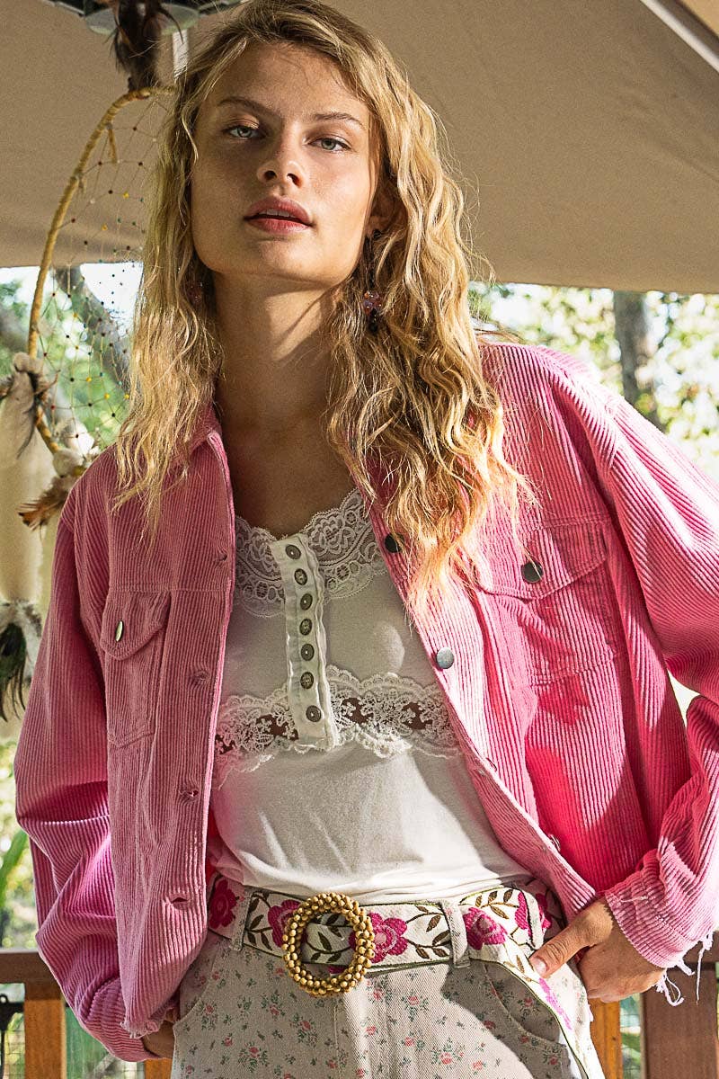 Pocket front button down distressed hem corduroy jacket