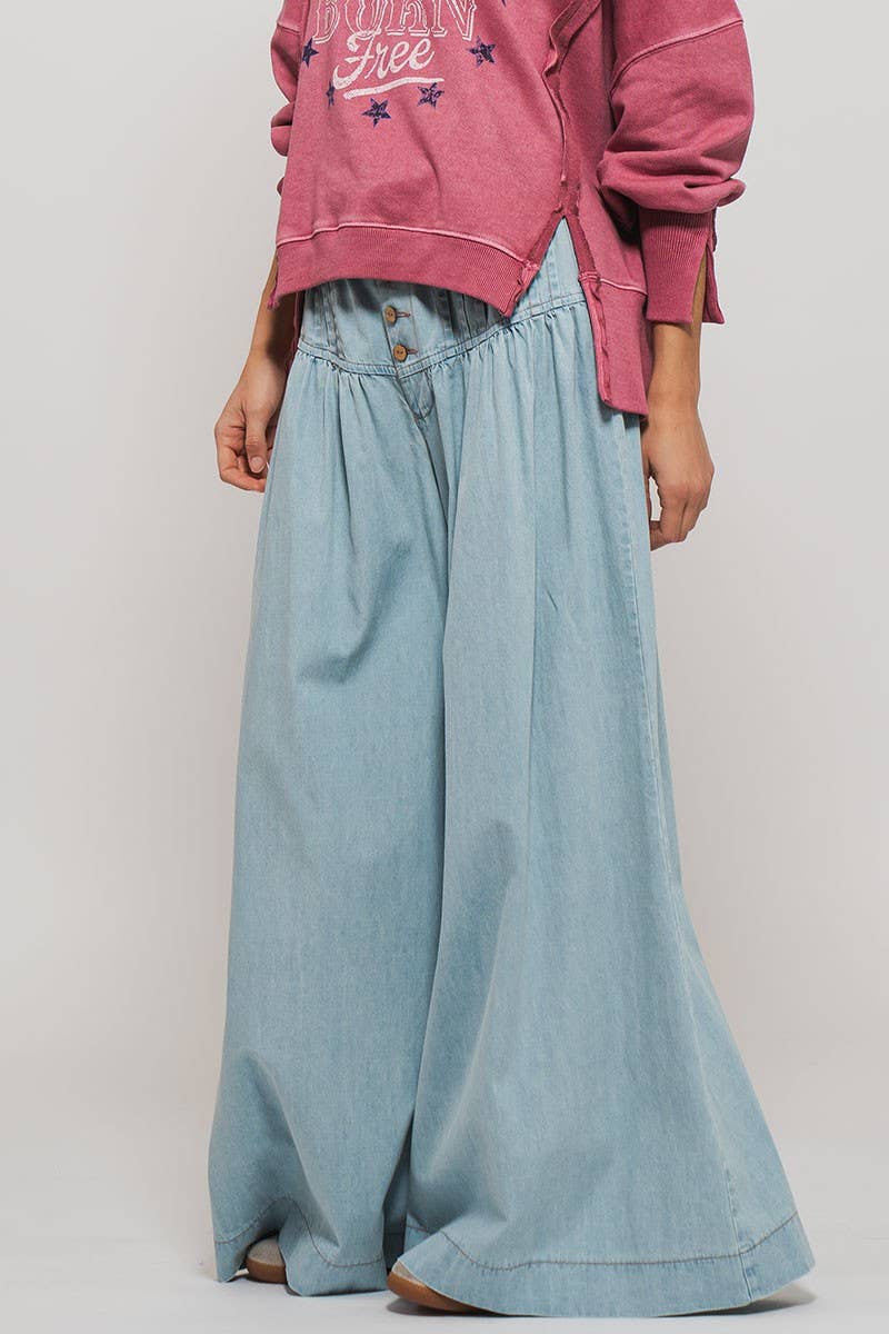 Pleated Wide-Leg Button Closure Pants