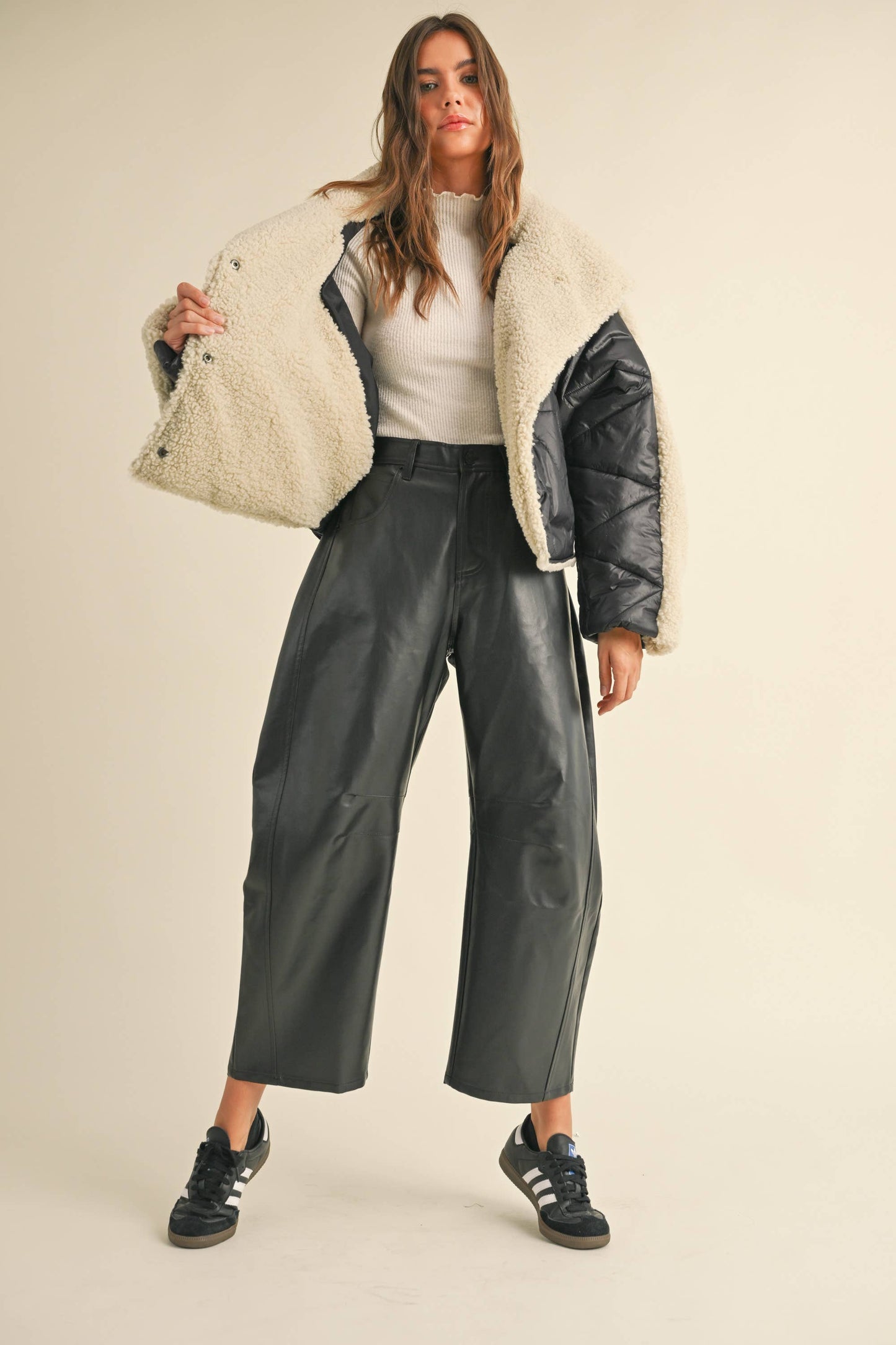 VEGAN LEATHER BARREL PANTS