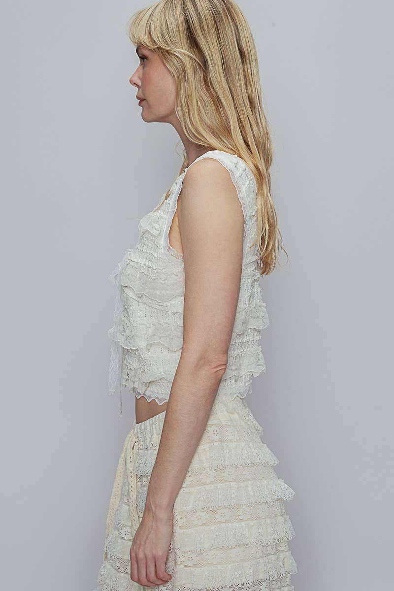 V-neck sleeveless cropped woven lace top