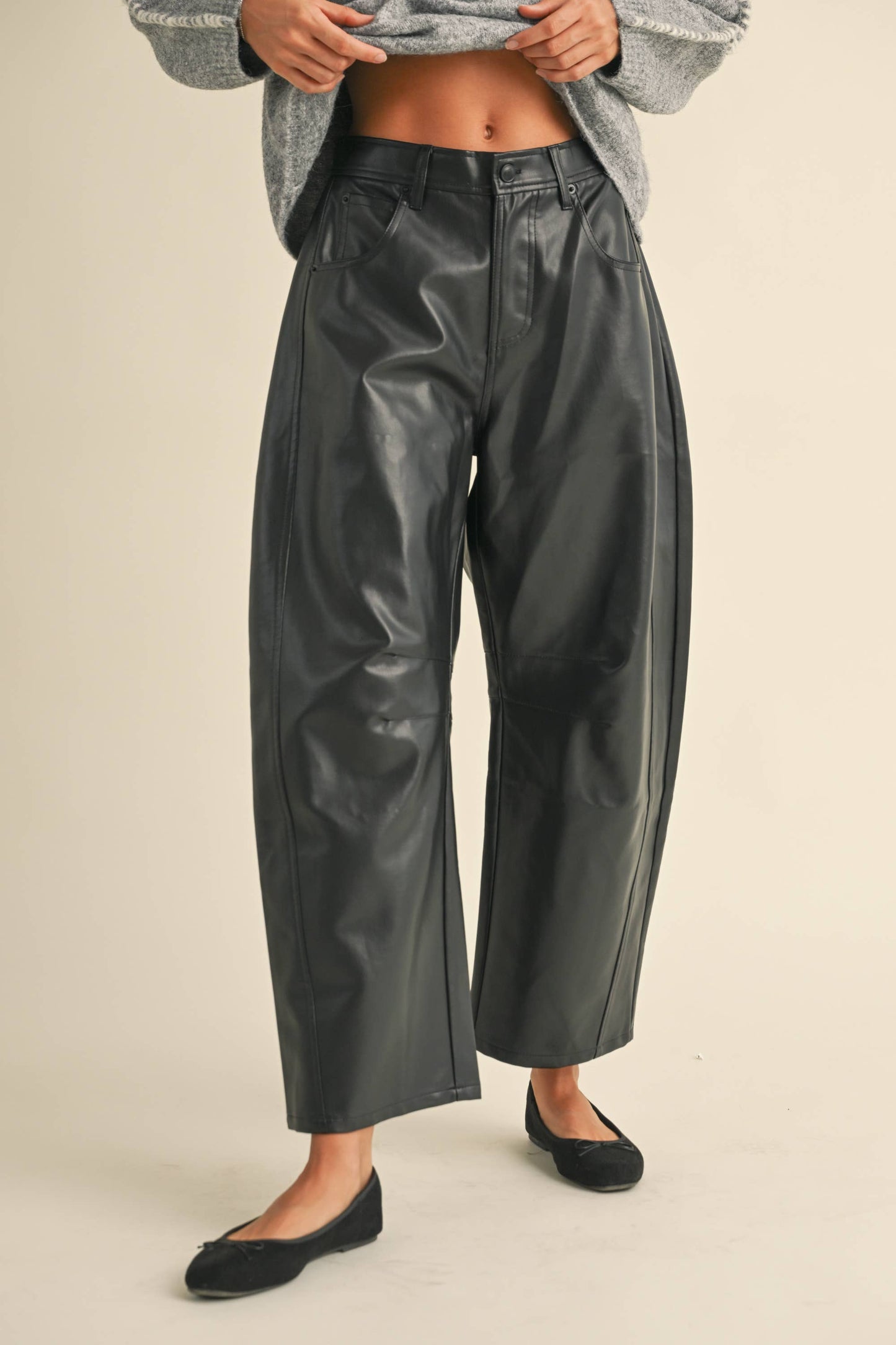 VEGAN LEATHER BARREL PANTS