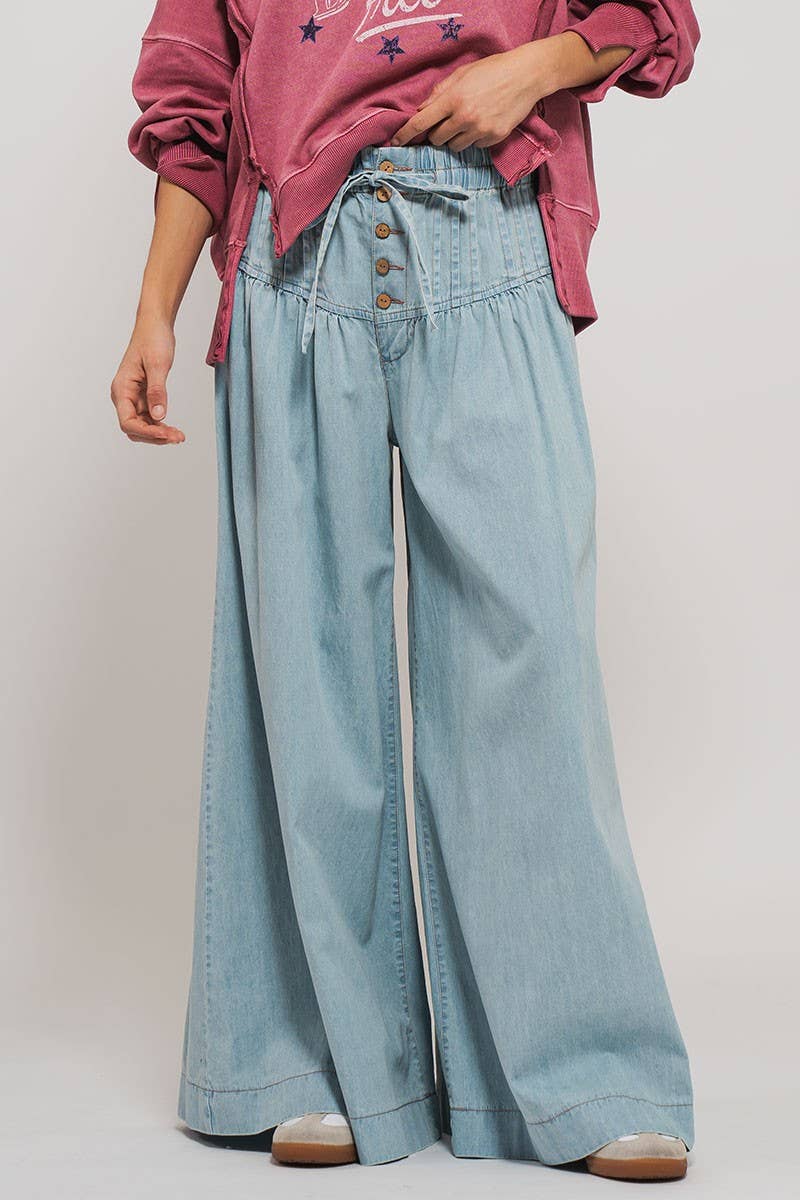 Pleated Wide-Leg Button Closure Pants