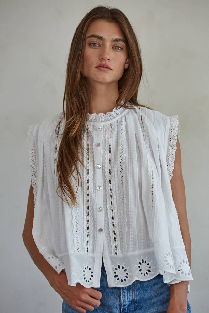 Woven Cotton Eyelet Buttondown Sleeveless Top