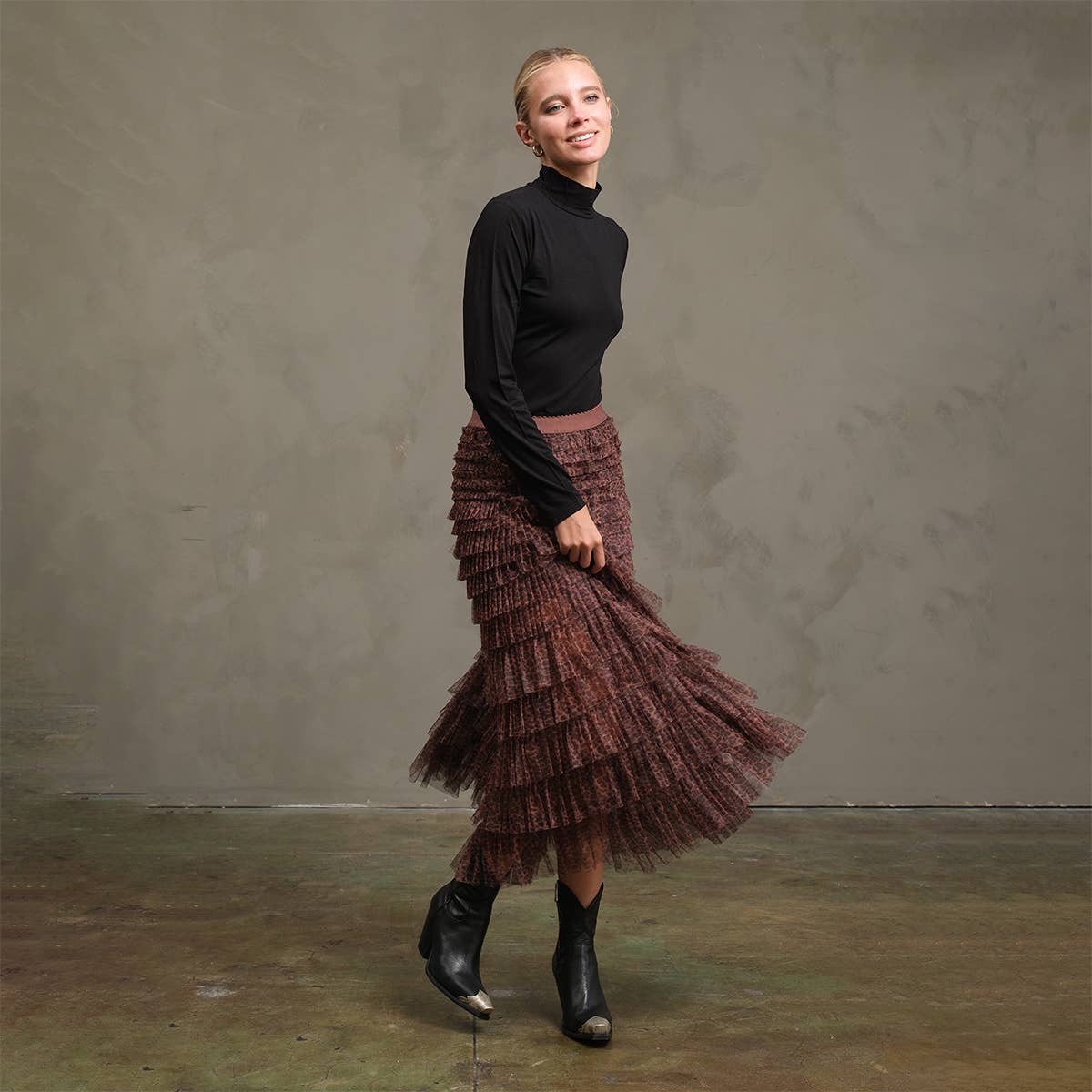 Leopard Mesh Tiered Skirt with Elastic Waist - RS1039