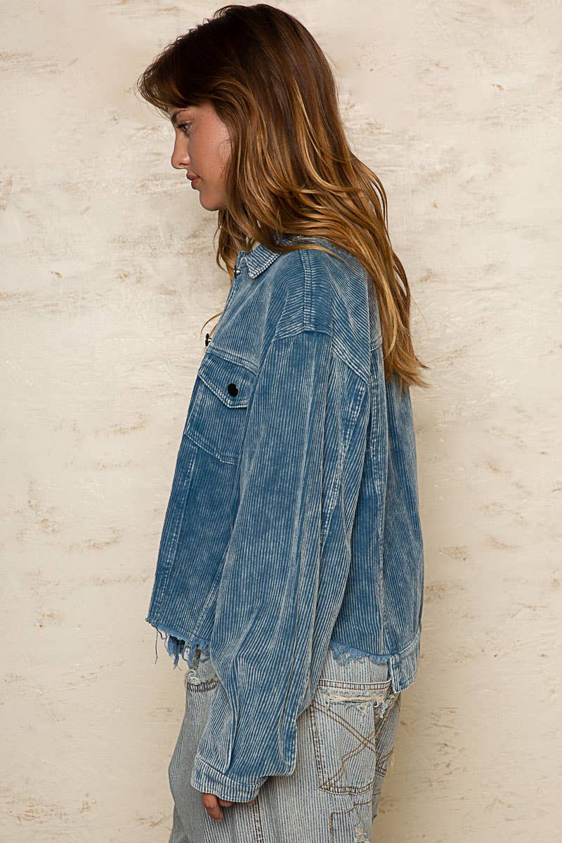 Pocket front button down distressed hem corduroy jacket