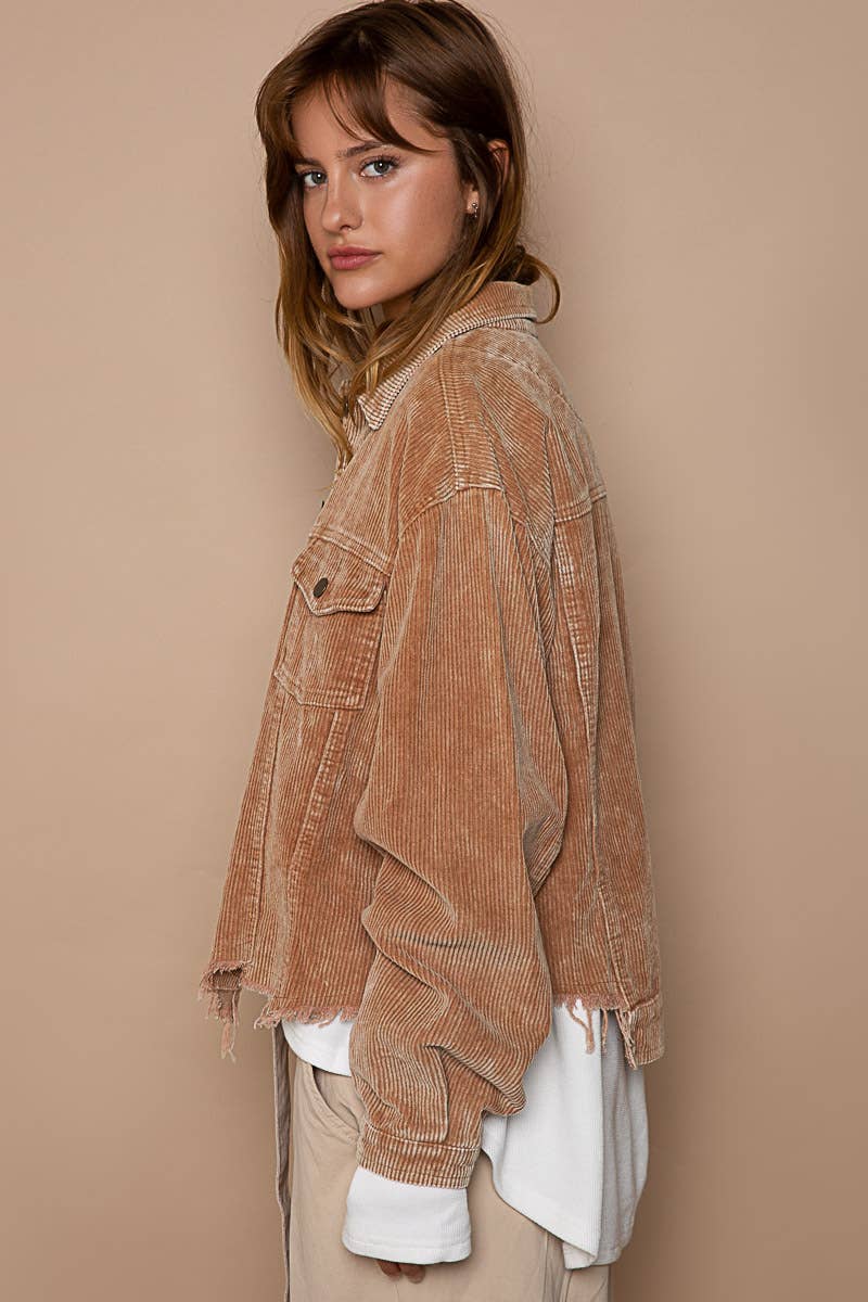 Pocket front button down distressed hem corduroy jacket