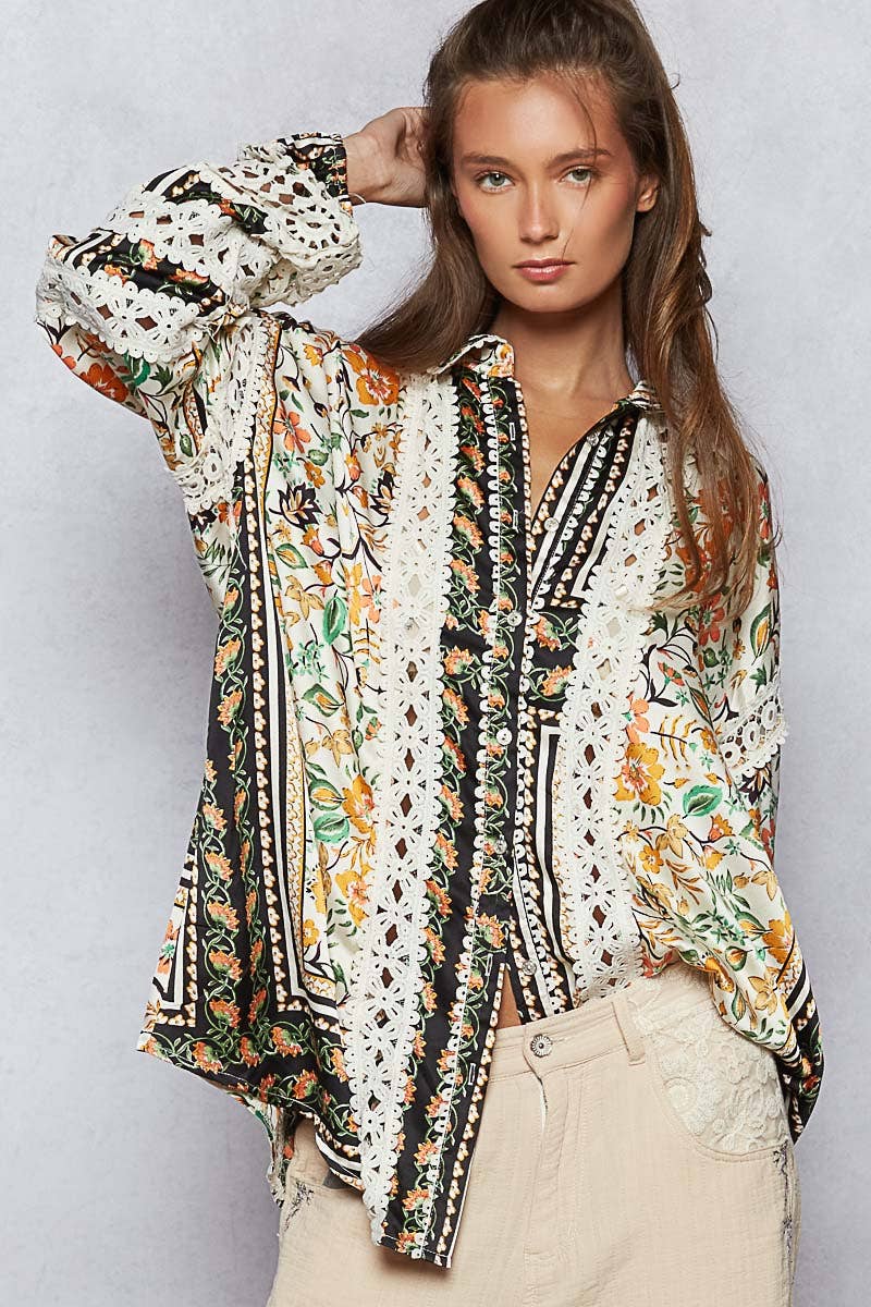 Balloon sleeve trim see-through floral printed shirt top