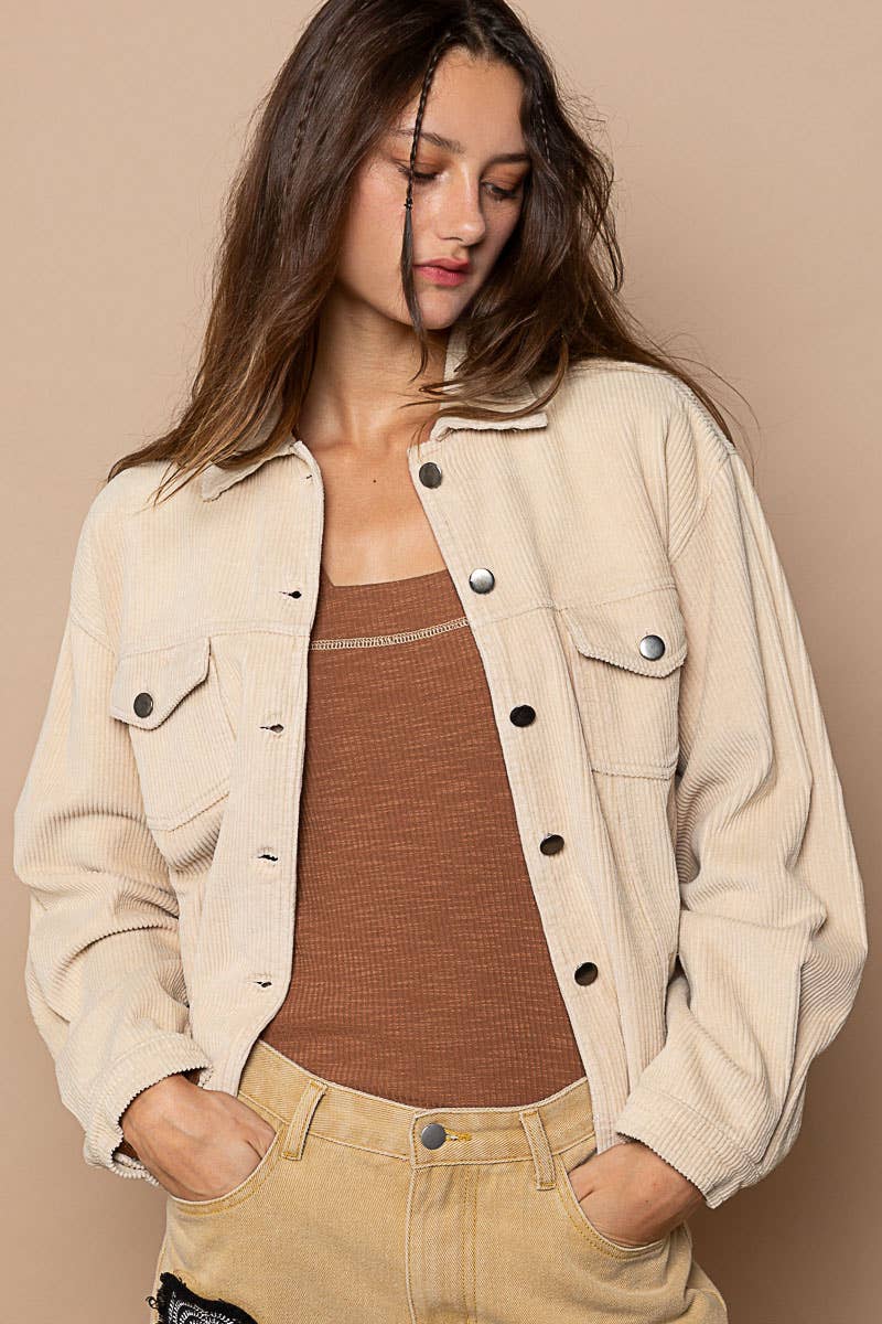 Pocket front button down distressed hem corduroy jacket