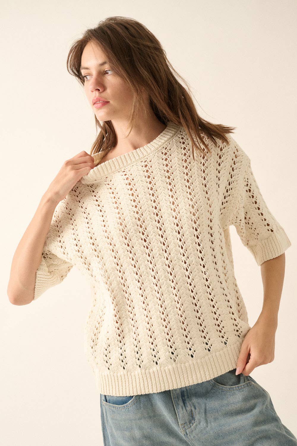 Pointelle Crochet Knit Short-Sleeve Sweater