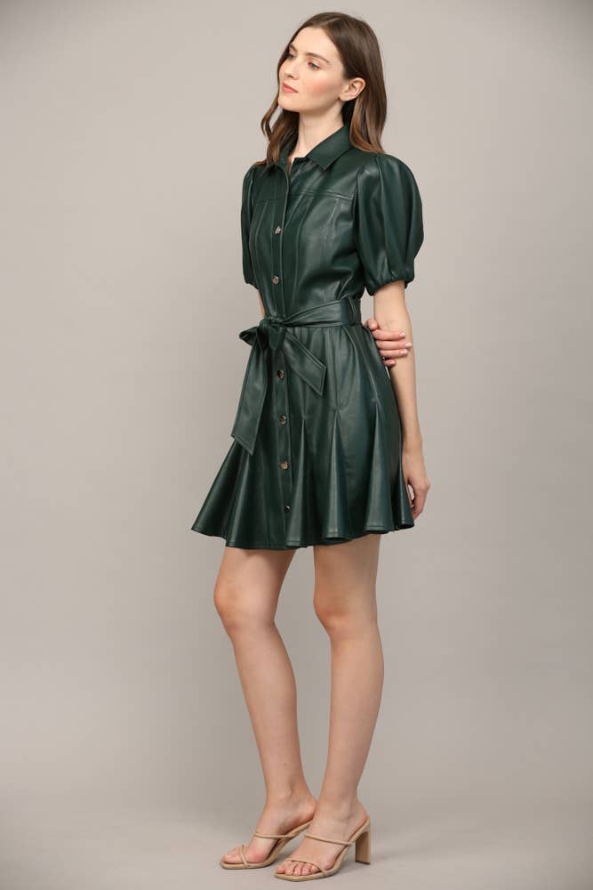 PANELLED FAUX LEATHER WAIST TIE PUFF SLEEVE FLARE DRESS