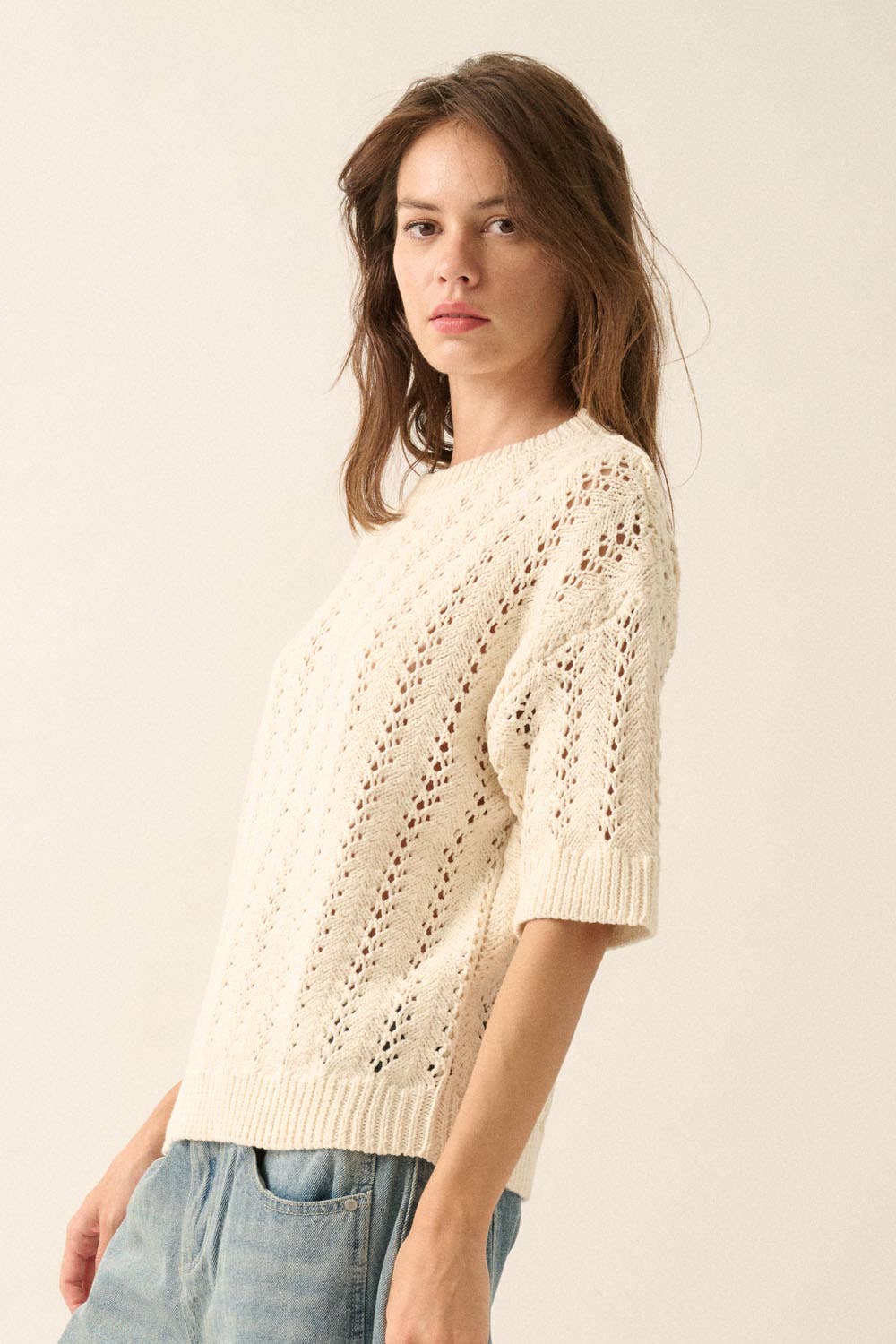 Pointelle Crochet Knit Short-Sleeve Sweater