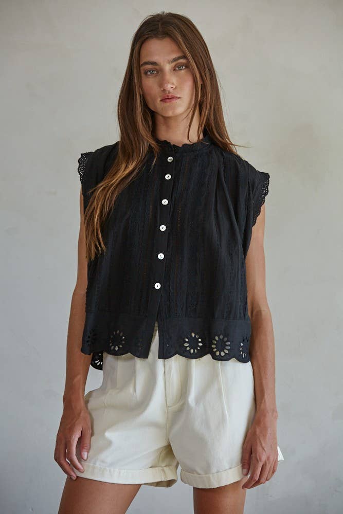 Woven Cotton Eyelet Buttondown Sleeveless Top