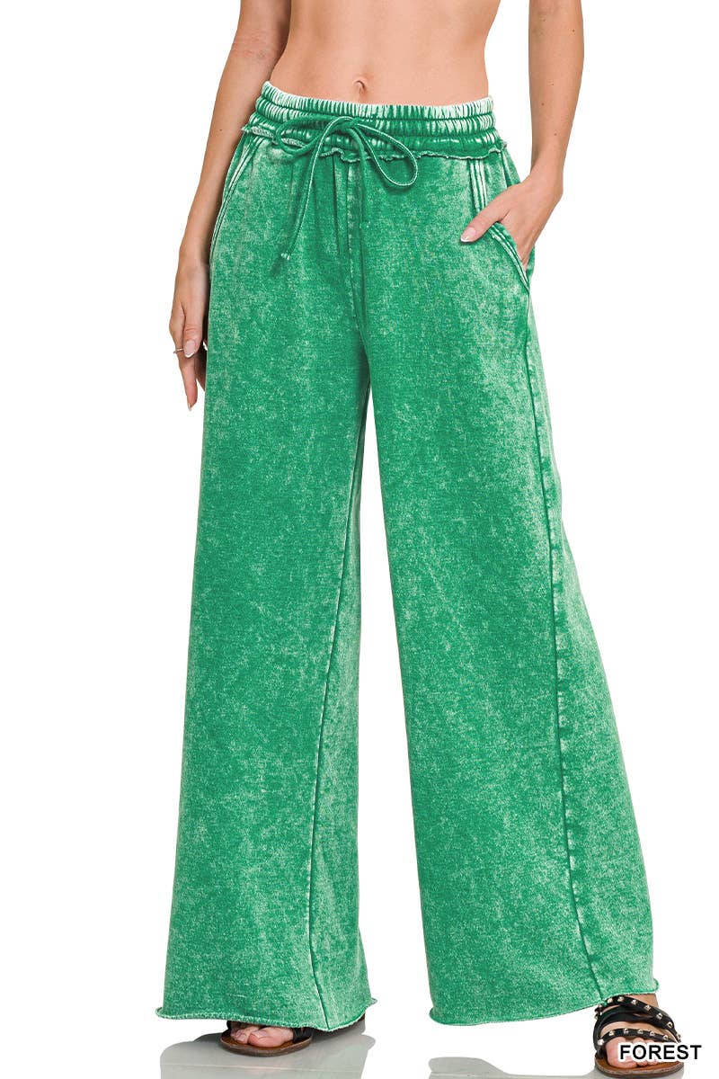 Acid Wash Fleece Palazzo Sweatpants With Pockets