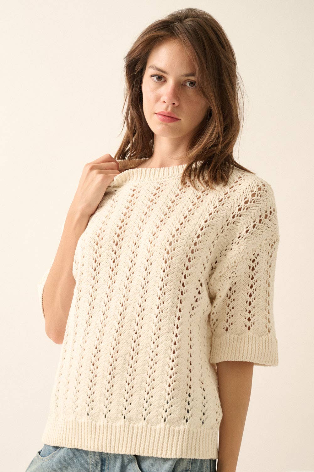 Pointelle Crochet Knit Short-Sleeve Sweater