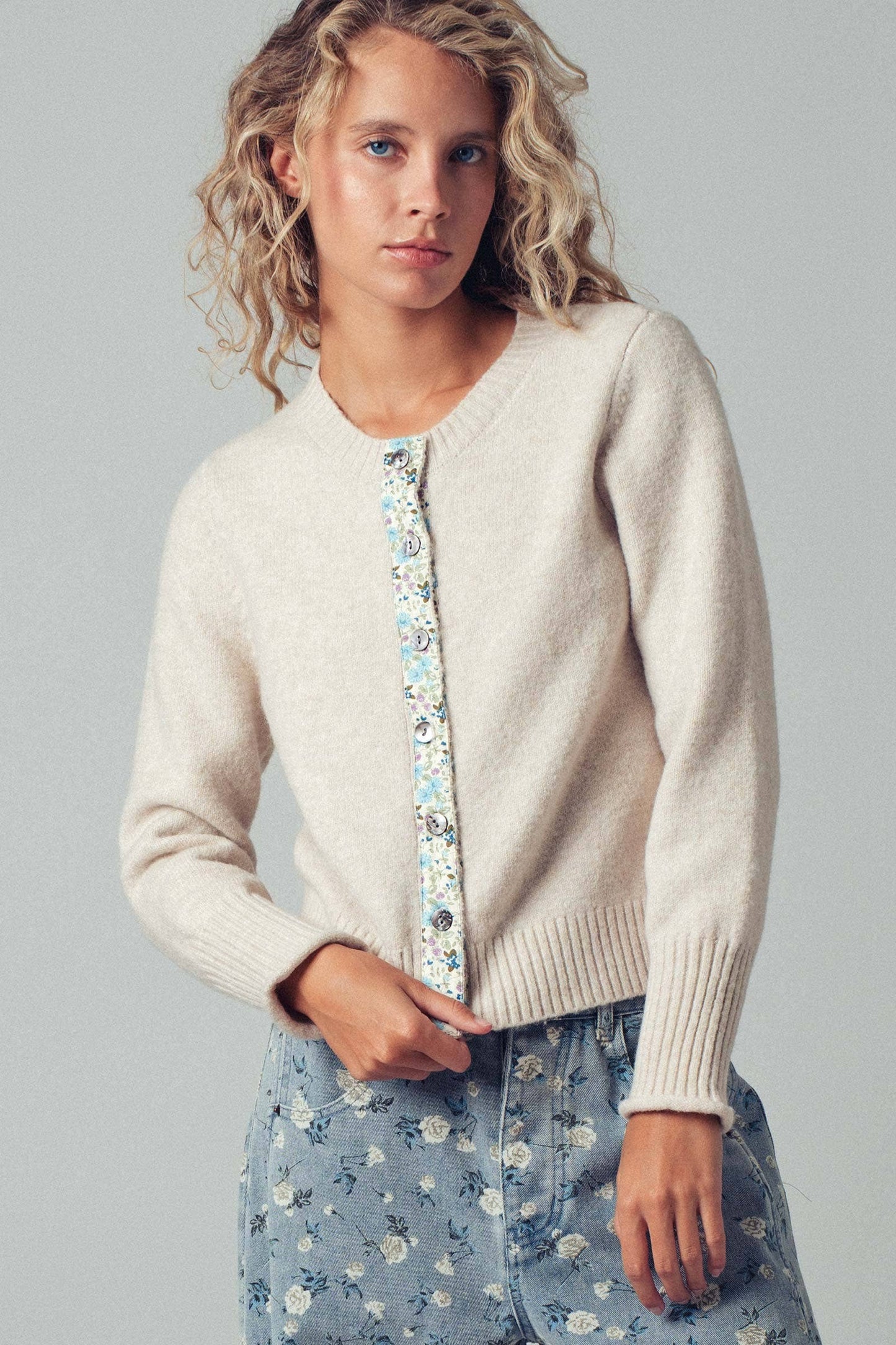 Floral Trim Wool Blend Cardigan