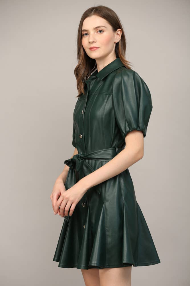 PANELLED FAUX LEATHER WAIST TIE PUFF SLEEVE FLARE DRESS