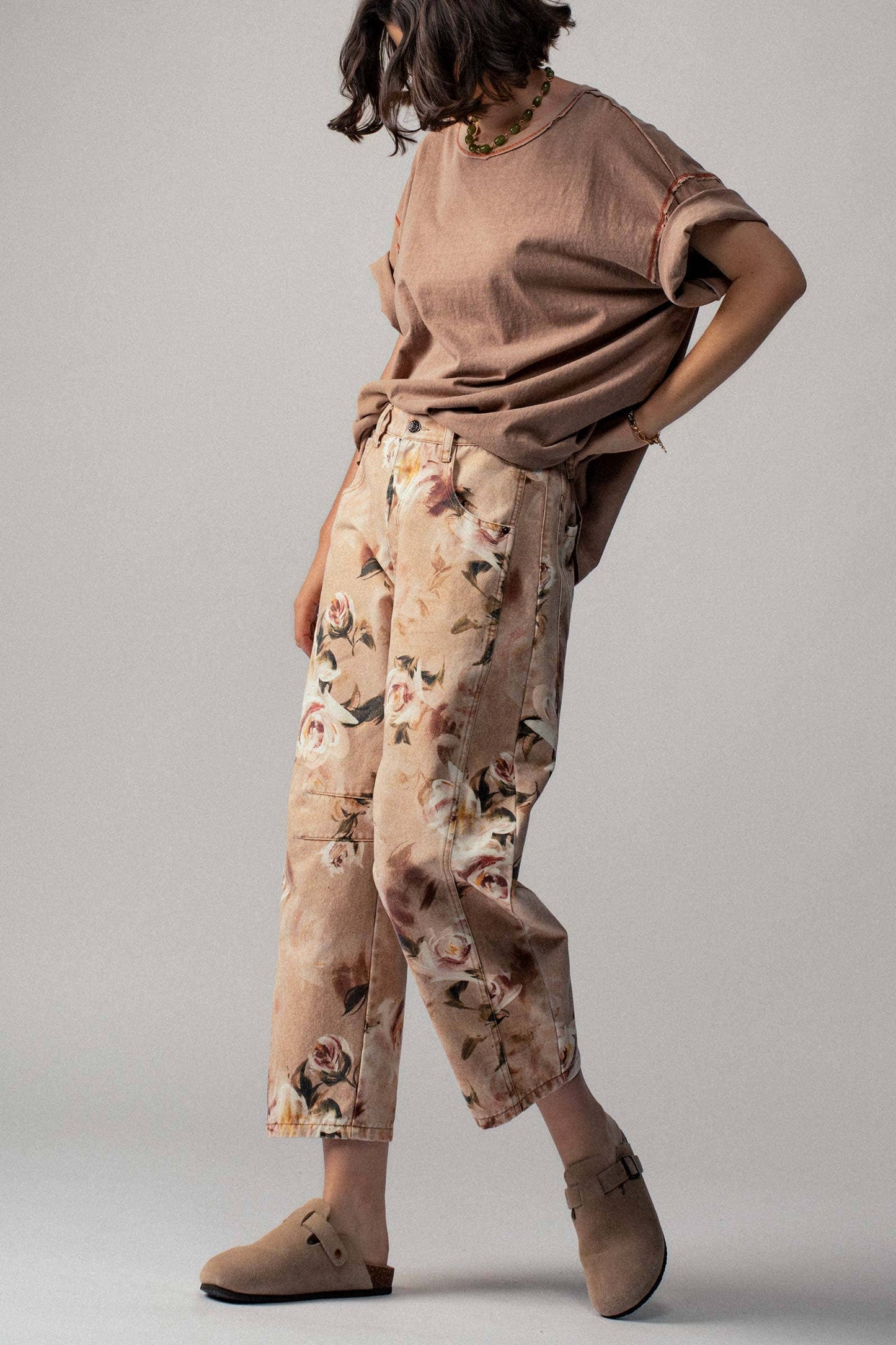 Vintage Rose Print Wide Leg Jeans